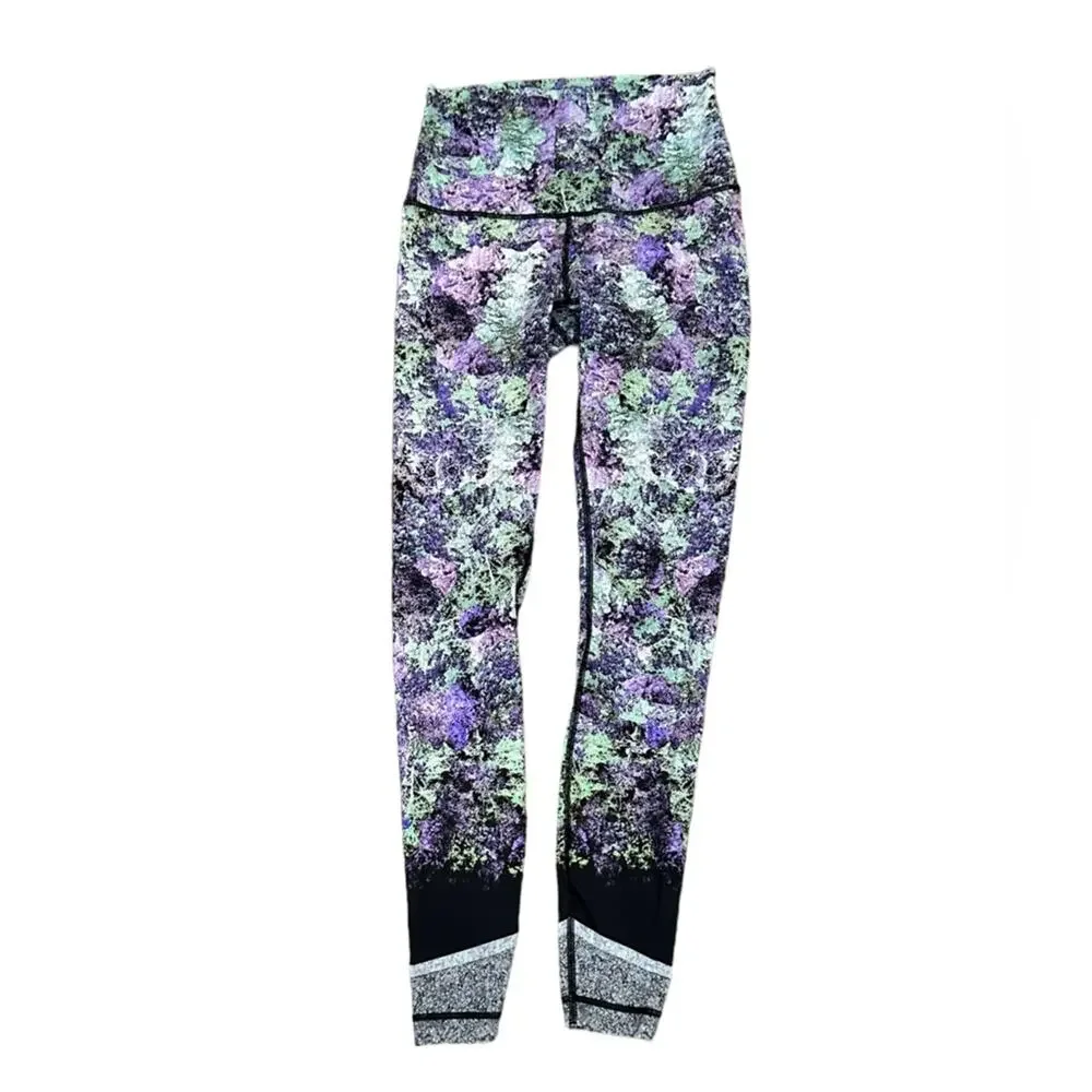 Lululemon Womens Size 6 Purple and Green Leggings with Black Ankle Trim